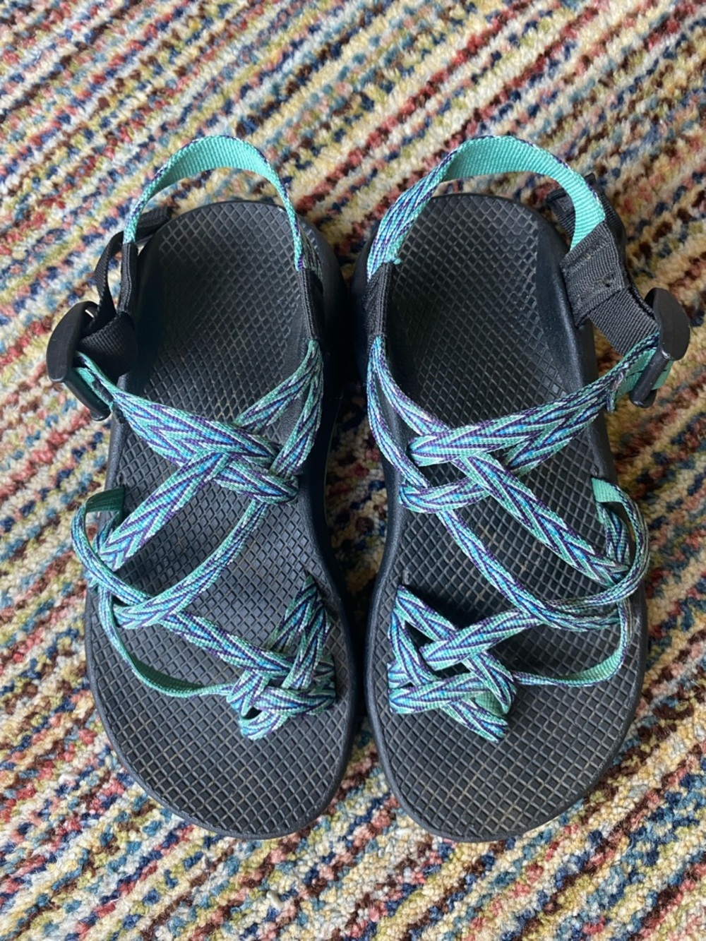 Chaco Women's Black Sandals with Teal and Light Blue Straps - Picture 2 of 9